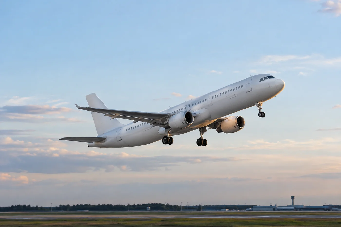 Avião de passageiros decolando sob um céu azul com luz suave